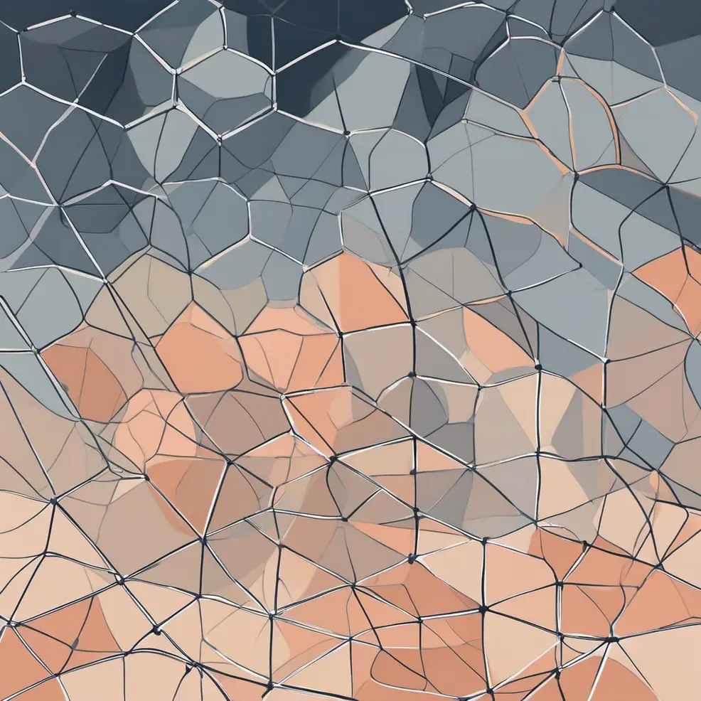 Een abstract patroon van met elkaar verbonden driehoeken in tinten grijs-blauw boven een veld van perzik- en bruinachtige vormen