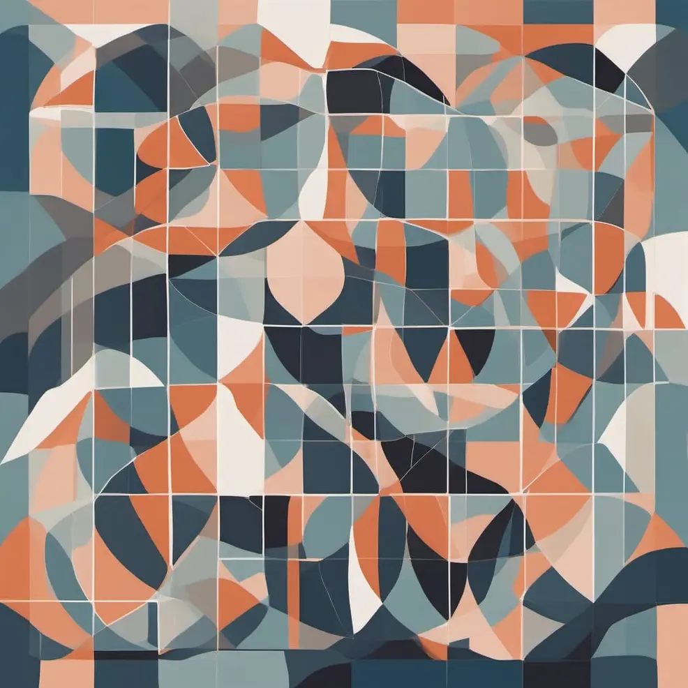 Een abstract patroon van geometrische vormen in tinten oranje, grijs, blauw en wit is geplaatst binnen een roosterachtige structuur