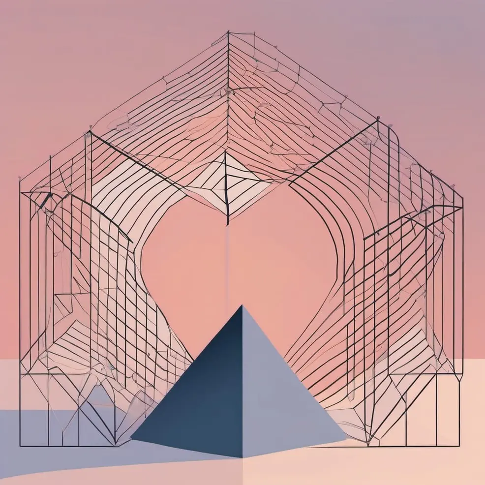 Een draadframe hartvorm boven een blauwe piramide op een roze en peachkleurige gradientachtergrond met geometrische vlakken