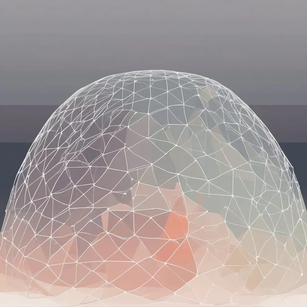 Een draadkader van een geodetische bol over een textuurrijke, oranje-en-grijze ondergrond tegen een grijze achtergrond met een donkere horizontale lijn