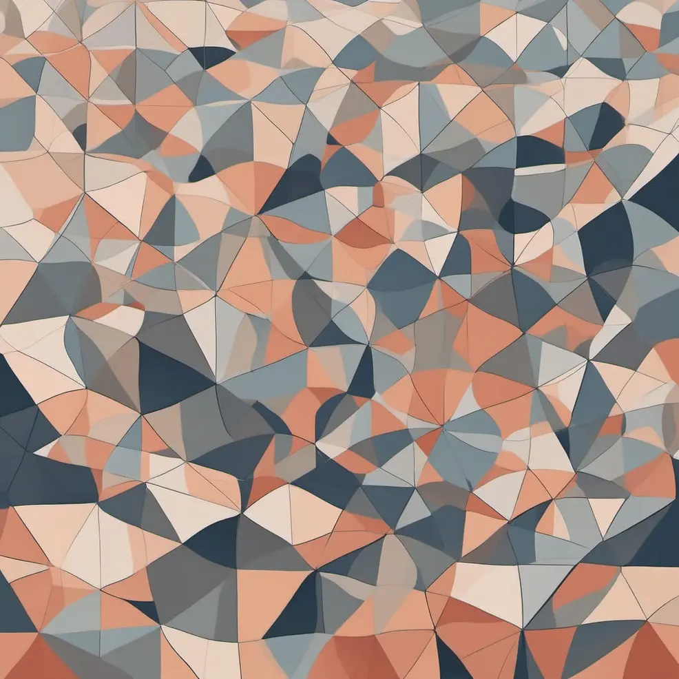 Een complex geometrisch patroon van veel driehoeken in verschillende tinten oranje, grijs, blauw en beige op een witte achtergrond