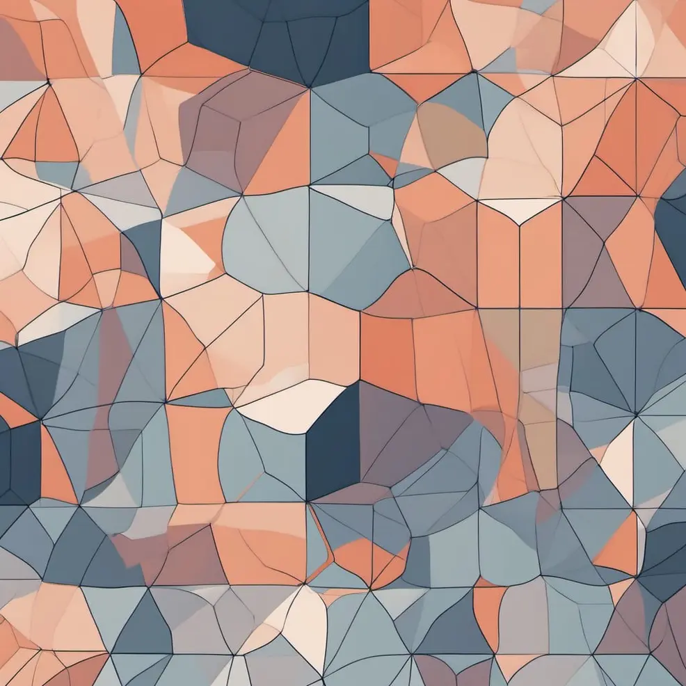 Een abstract patroon van onregelmatige, overlappende geometrische vormen in tinten oranje, blauw en crème, met dunne witte lijnen als rand