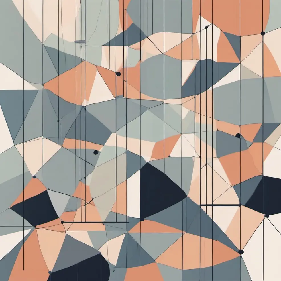 Een abstract geometrisch patroon met driehoeken in rozé, grijs en donkergroen, overlaid door zwarte lijnen en kleine donkere cirkels