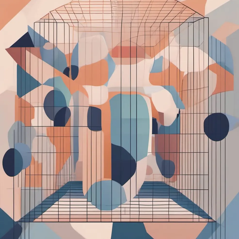 Een draadkubus omvat abstracte geometrische vormen in blauw, peach en wit op een gelijkgekleurde achtergrond