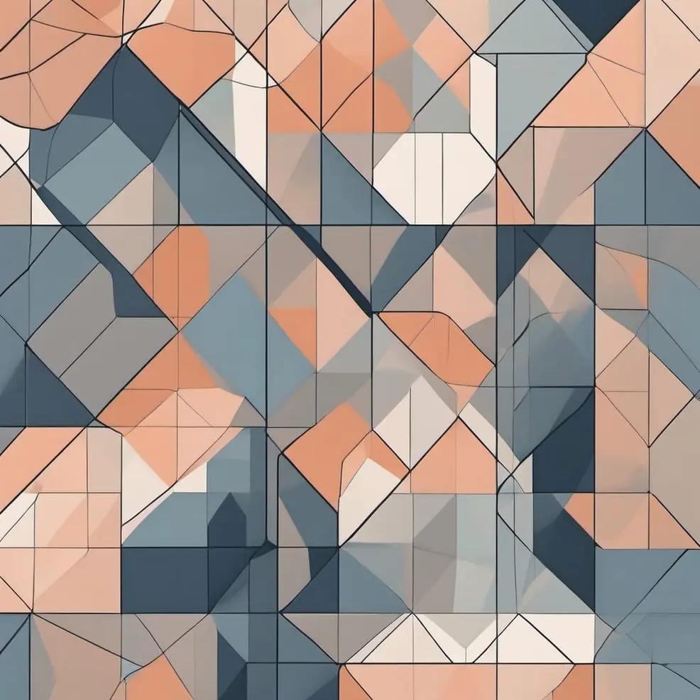 Een abstract geometrisch patroon bestaande uit onregelmatige veelhoeken in tinten blauw, peach en wit, afgezet door dunne zwarte lijnen