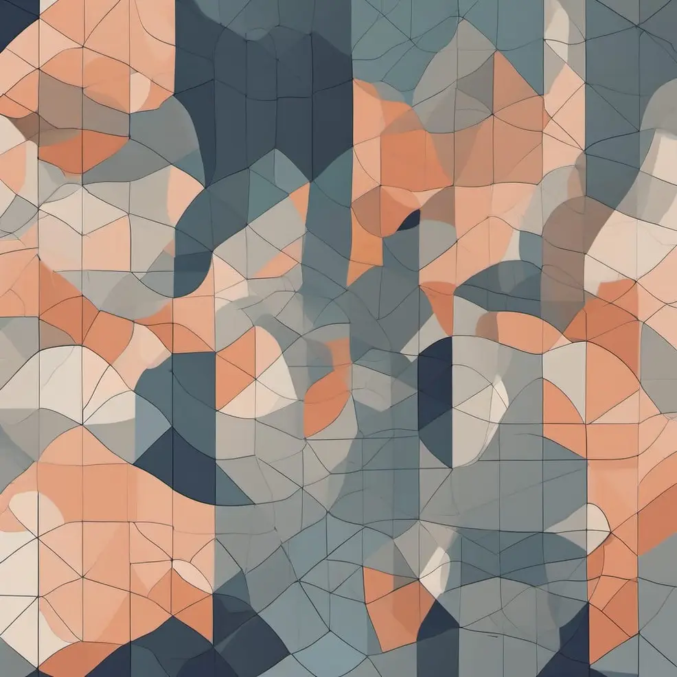 Met een complexe samenstelling van geometrische vormen in tinten peach, grijs en blauw, verbonden door dunne zwarte lijnen