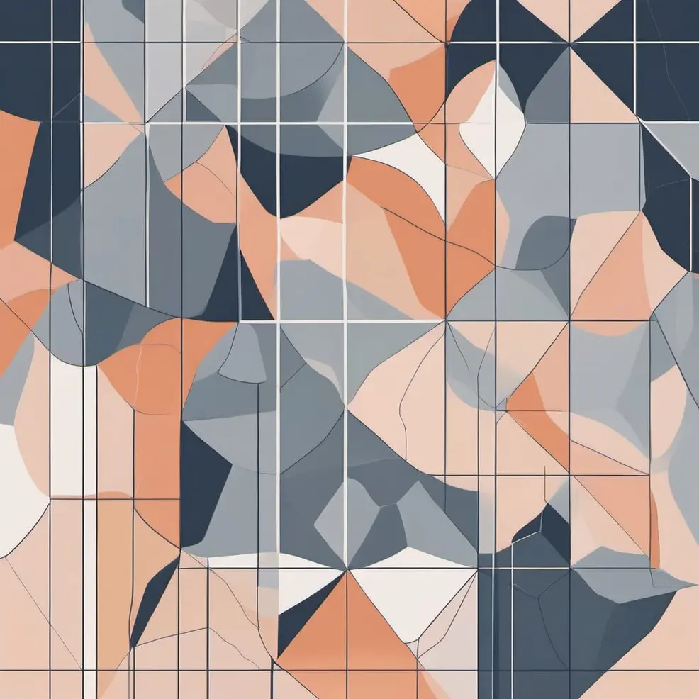 Een abstract geometrisch patroon met overlappende driehoeken, curves en rechthoeken in tinten van peach, blauw-grijs en wit, overlaid op een rooster