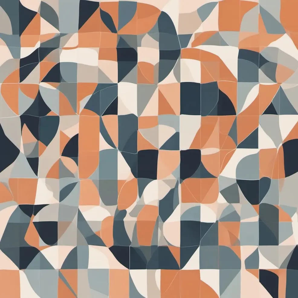 Een vlakke oppervlakte toont een abstract patroon van onregelmatig gevormde veelhoeken in verschillende tinten oranje, grijs, wit en donkerblauw