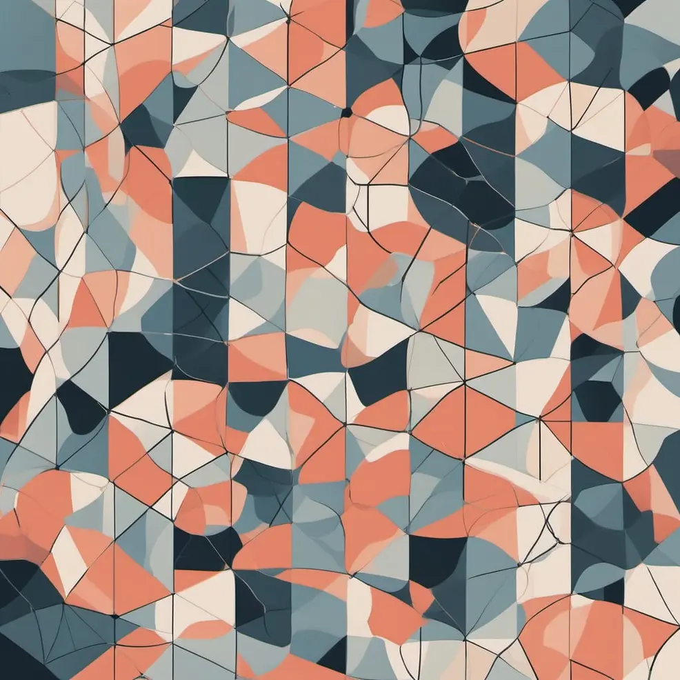 Een abstract patroon van gebroken driehoeken in tinten koraal, blauw-grijs en crème, verbonden door dunne zwarte lijnen