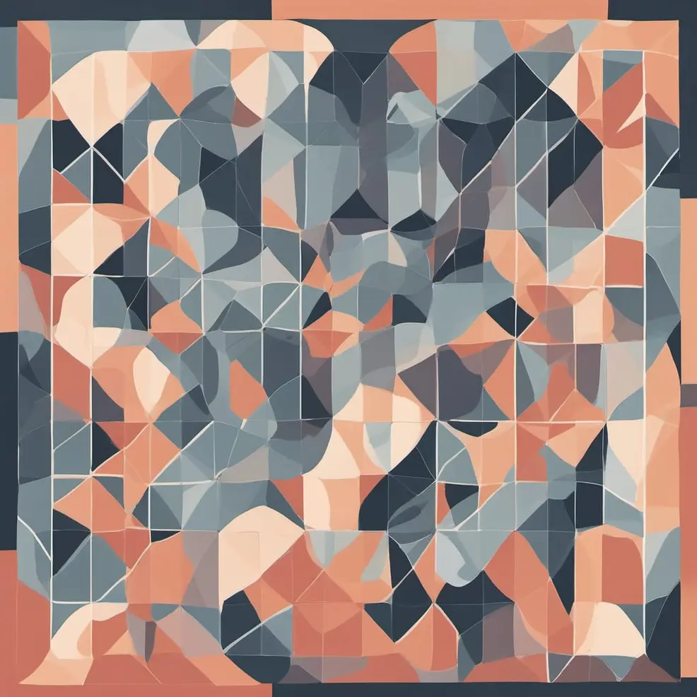 Een geometrisch patroon van driehoeken en vierkanten in tinten peach, grijs, blauw en donkerbruin op een gedempte achtergrond