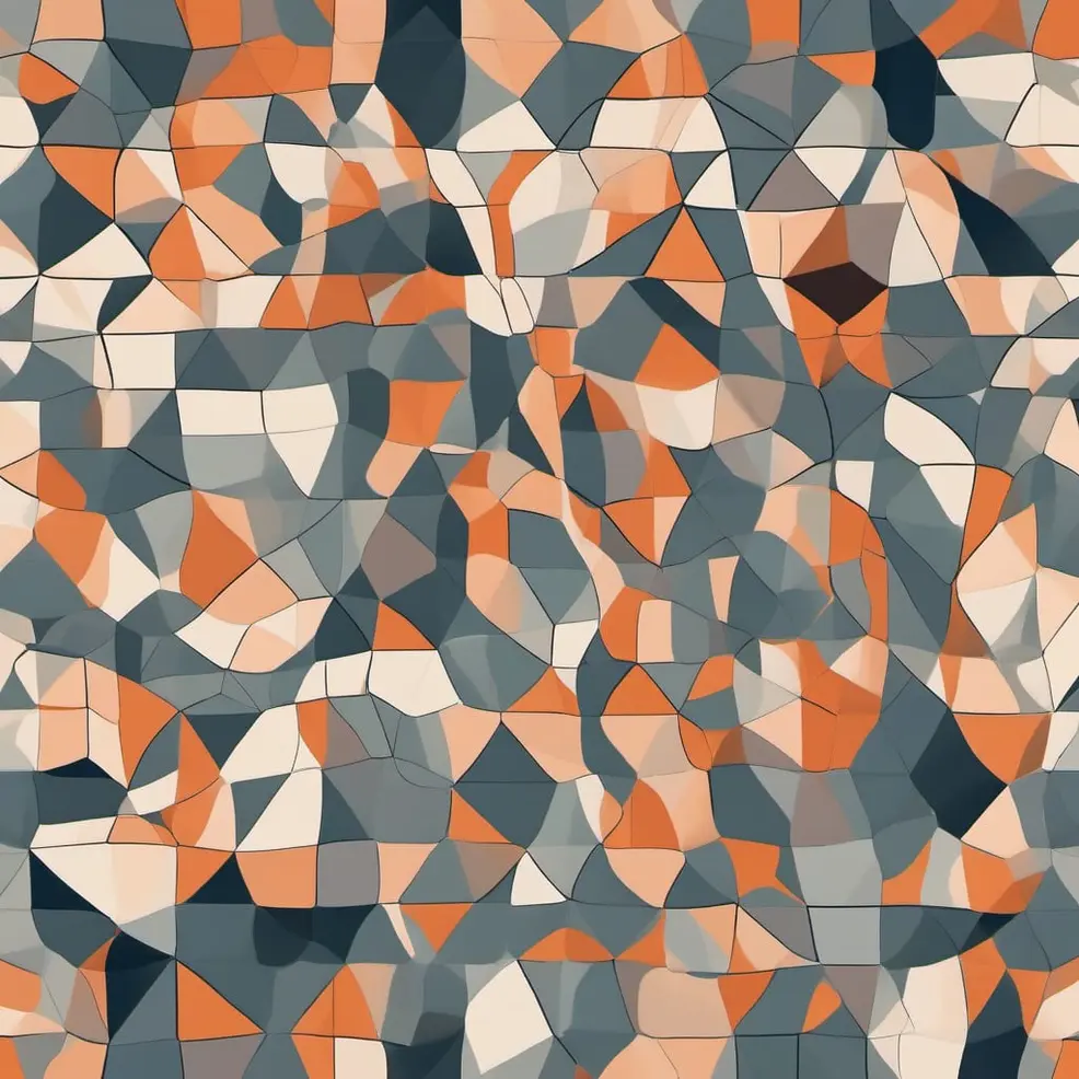 Onregelmatige vormen van veelhoeken in verschillende tinten oranje, grijs, wit en donkerblauw vormen een abstract patroon dat lijkt op gebroken glas of mozaïektegels