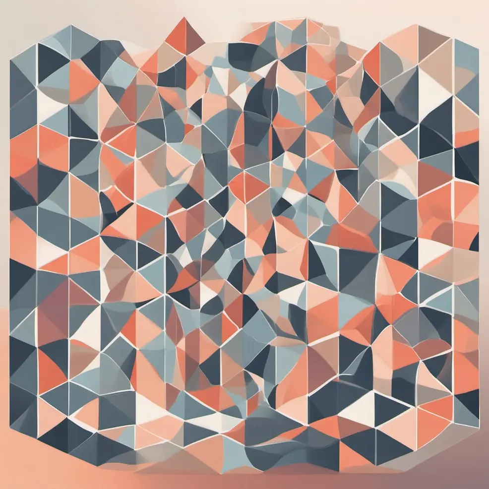 Een rechthoekig kader met oranje, grijs en witte driehoeken op een lichtbeige achtergrond