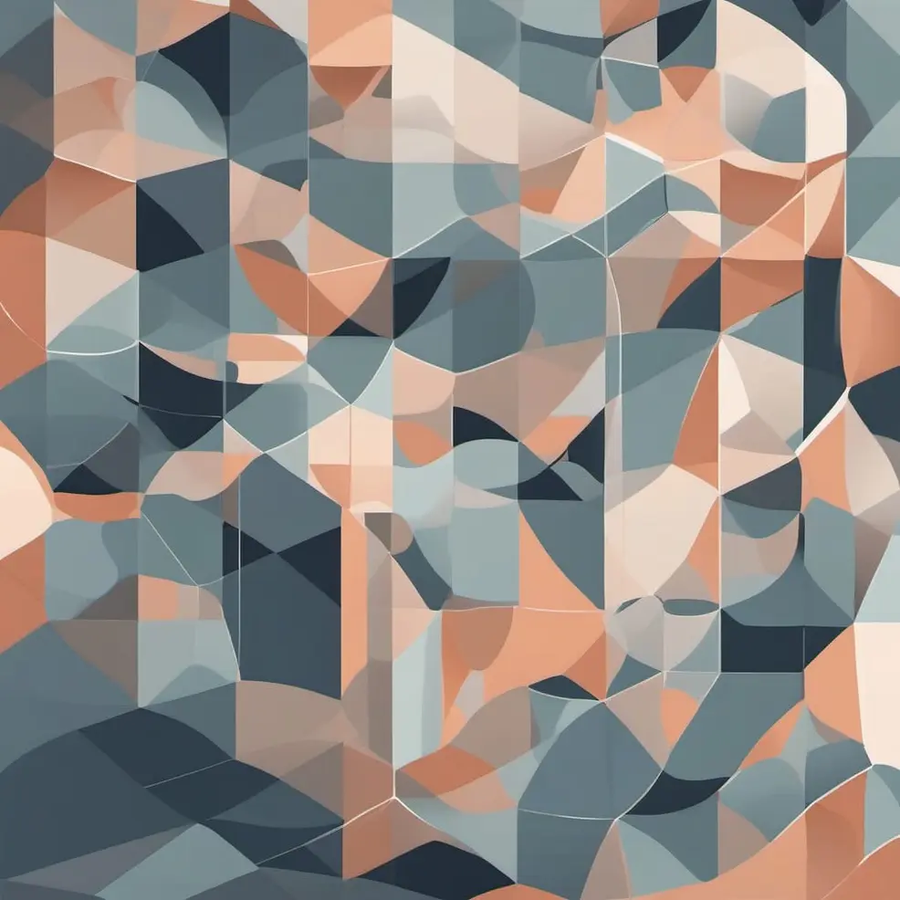 Een samenhangend patroon van met elkaar verbonden driehoeken in tinten grijs, peach, beige en gedempte blauw vormt een abstract geometrisch ontwerp