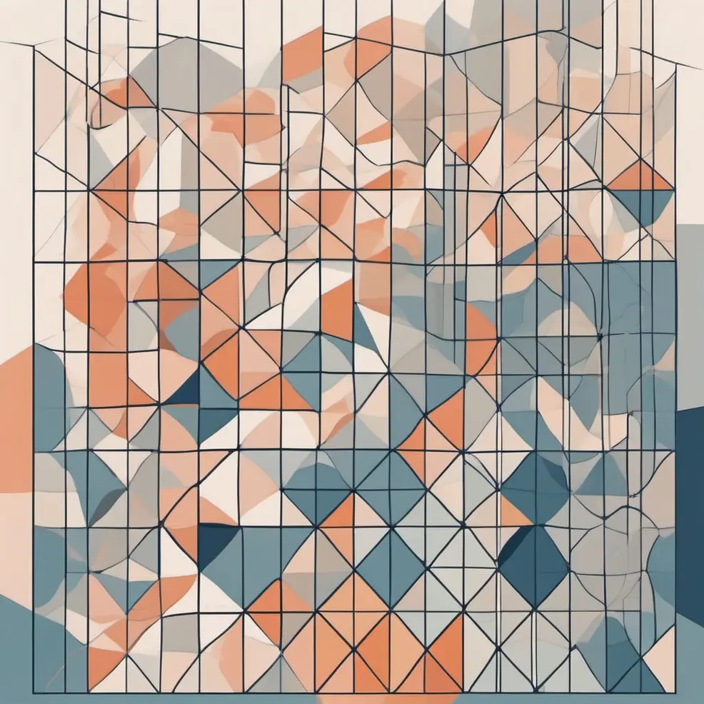 Een abstract patroon van oranje, blauw en grijs geometrische vormen overlaid met een rooster van dunne zwarte lijnen op een groene achtergrond