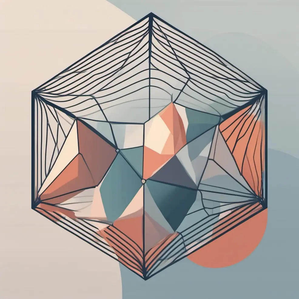 Een geometrisch kubusraam bevat gefacetteerde driehoekige vlakken in tinten oranje, grijs, groenblauw en beige op een gedempte pastelachtergrond