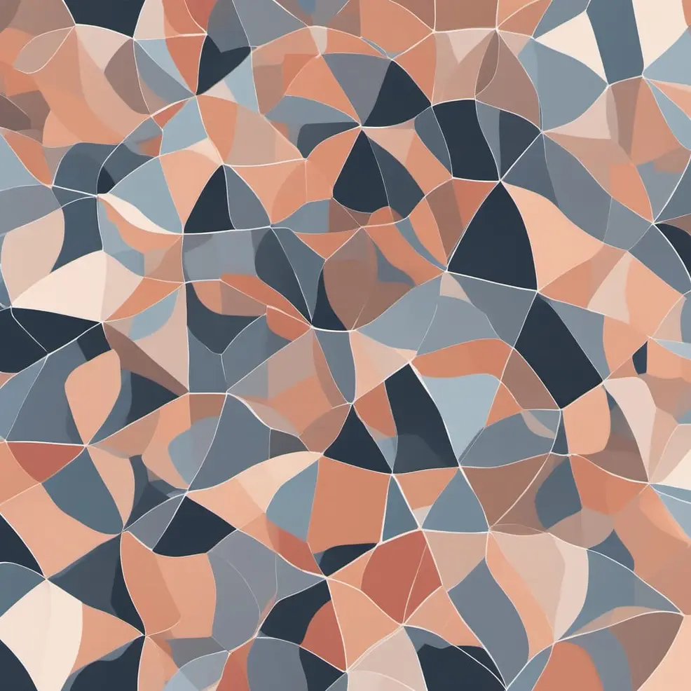 Een abstract patroon van onregelmatige, hoekige vormen in tinten rozé, blauw-grijs en donkere marine