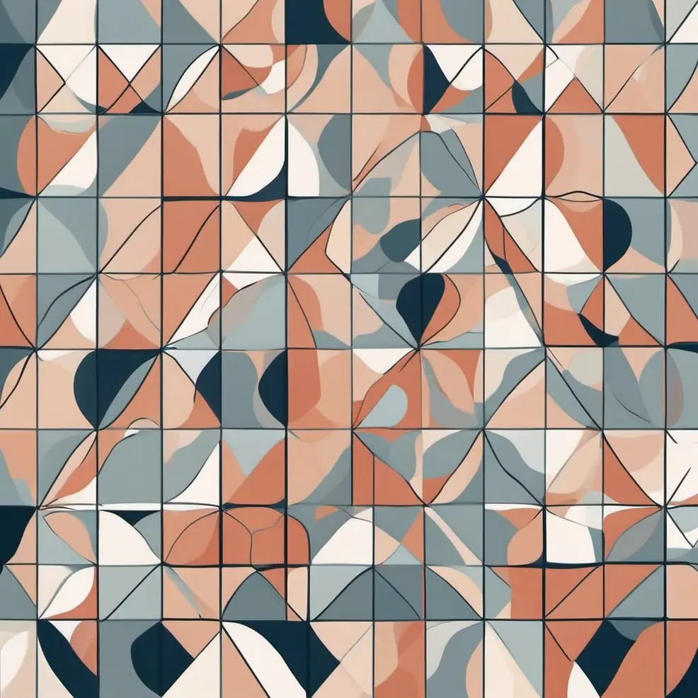 Herhalende patronen van geometrische vierkanten gevuld met abstracte lijnen in verschillende tinten blauw, oranje, wit en grijs
