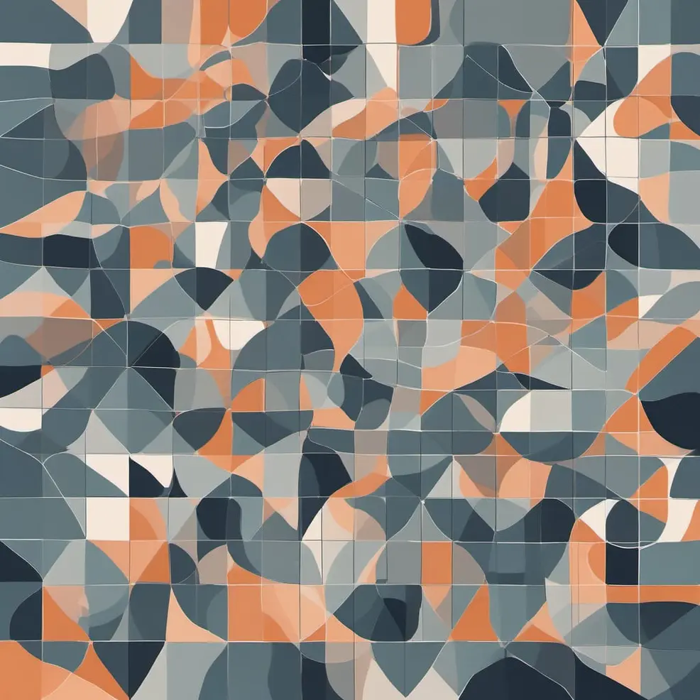 Een rooster van onregelmatig gevormde oranje, grijs en crèmekleurige geometrische vormen vormt een abstract, textuurrijk patroon