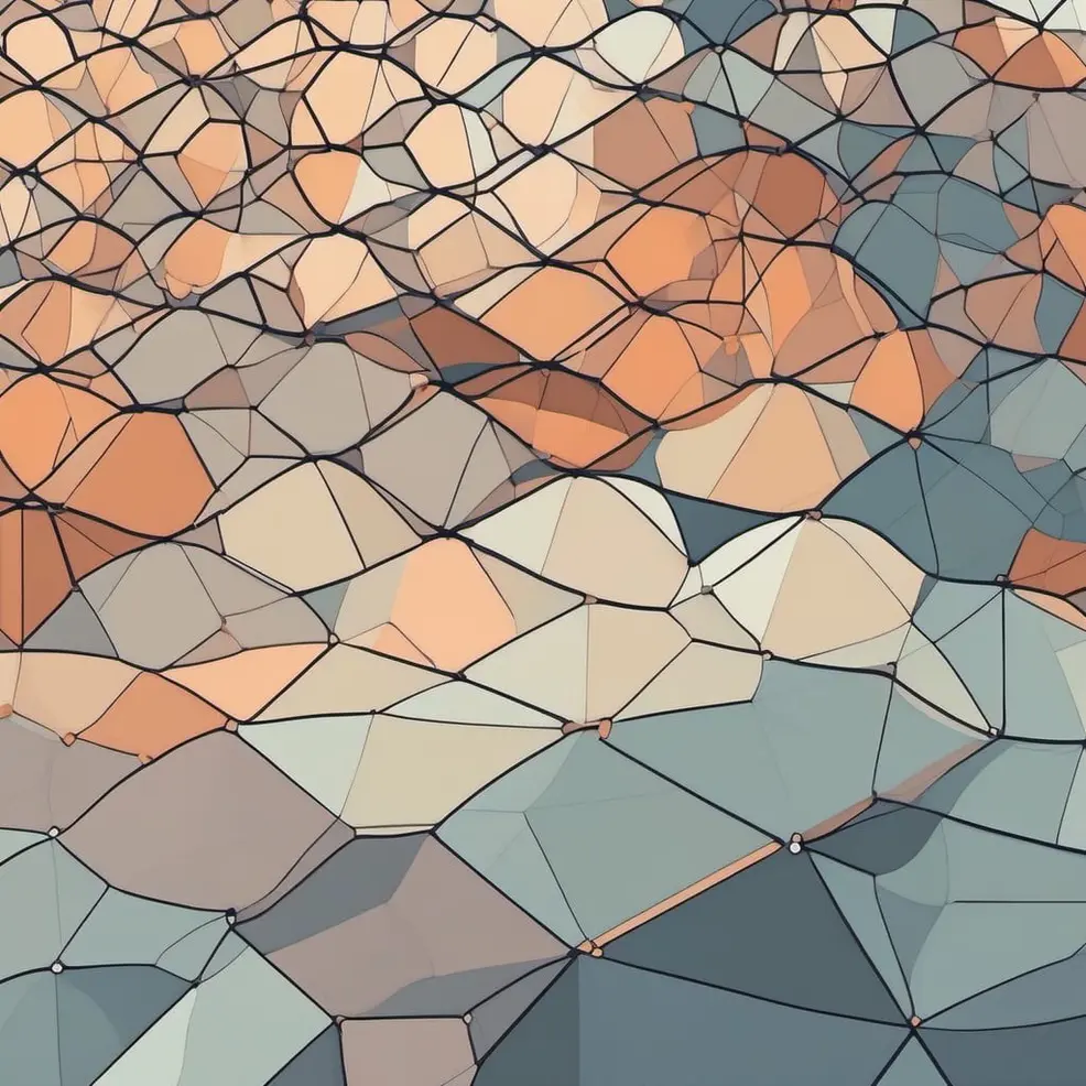 Een abstract patroon van met elkaar verbonden geometrische vormen in tinten oranje, beige, grijs en blauw met donkere lijnen die elk vorm omlijnen