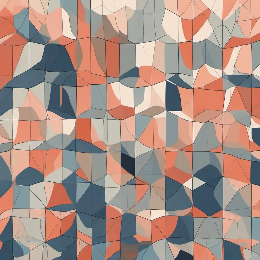 Een herhalend patroon van abstracte, hoekige vormen in tinten blauw, oranje en beige, verbonden door dunne zwarte lijnen op een vierkant rooster