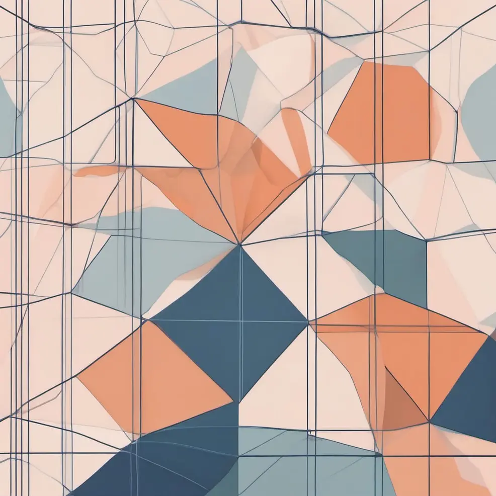 Overlappende geometrische driehoeken in verschillende tinten oranje, blauw en beige met een grid van dunne zwarte lijnen erboven