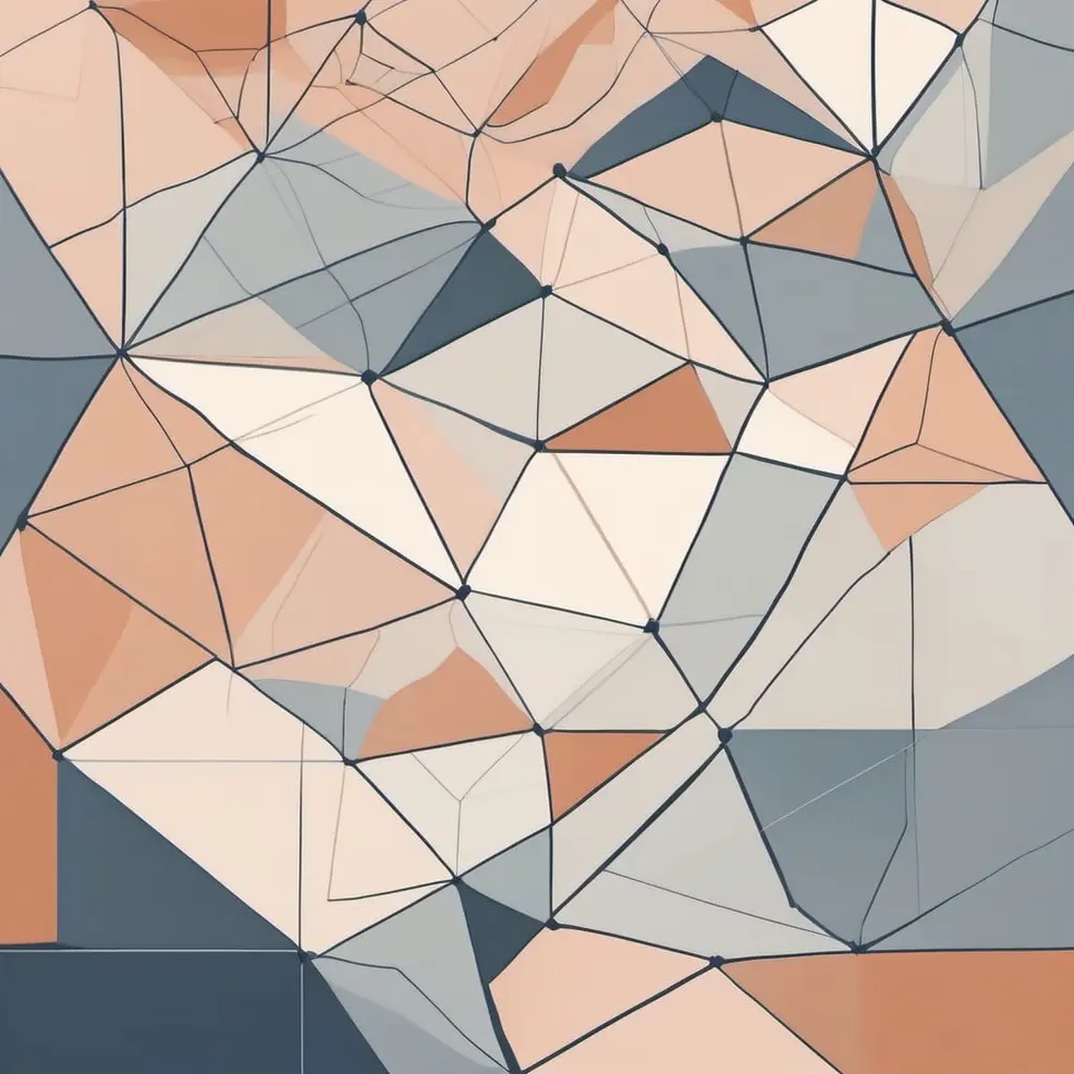 Een geometrisch patroon van driehoeken gevormd door lichtgrijze lijnen, gevuld met tonen van peach, blauw-grijs en crème