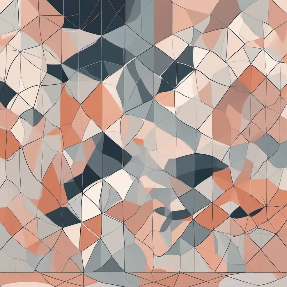 Een abstract geometrisch patroon bestaande uit onregelmatige veelhoeken in tinten roze, grijs, wit en donkerblauw, met dunne zwarte lijnen als rand