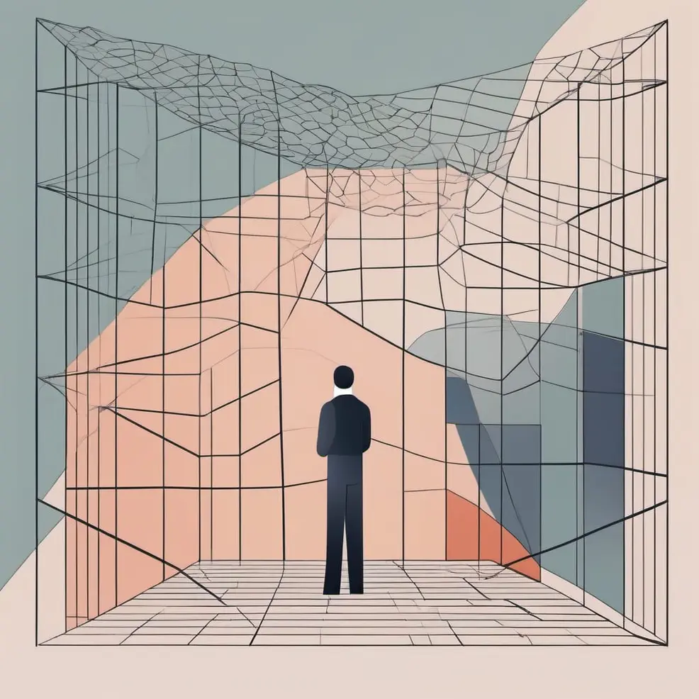 Een silhouet staat voor een complexe, geometrische structuur gemaakt van roze en grijze lijnen op een lichtgroene en peachkleurige achtergrond