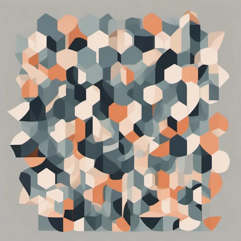 Een groep overlappende geometrische zeshoeken in verschillende tinten grijs, oranje, wit en donkerblauw op een lichtgrijze achtergrond