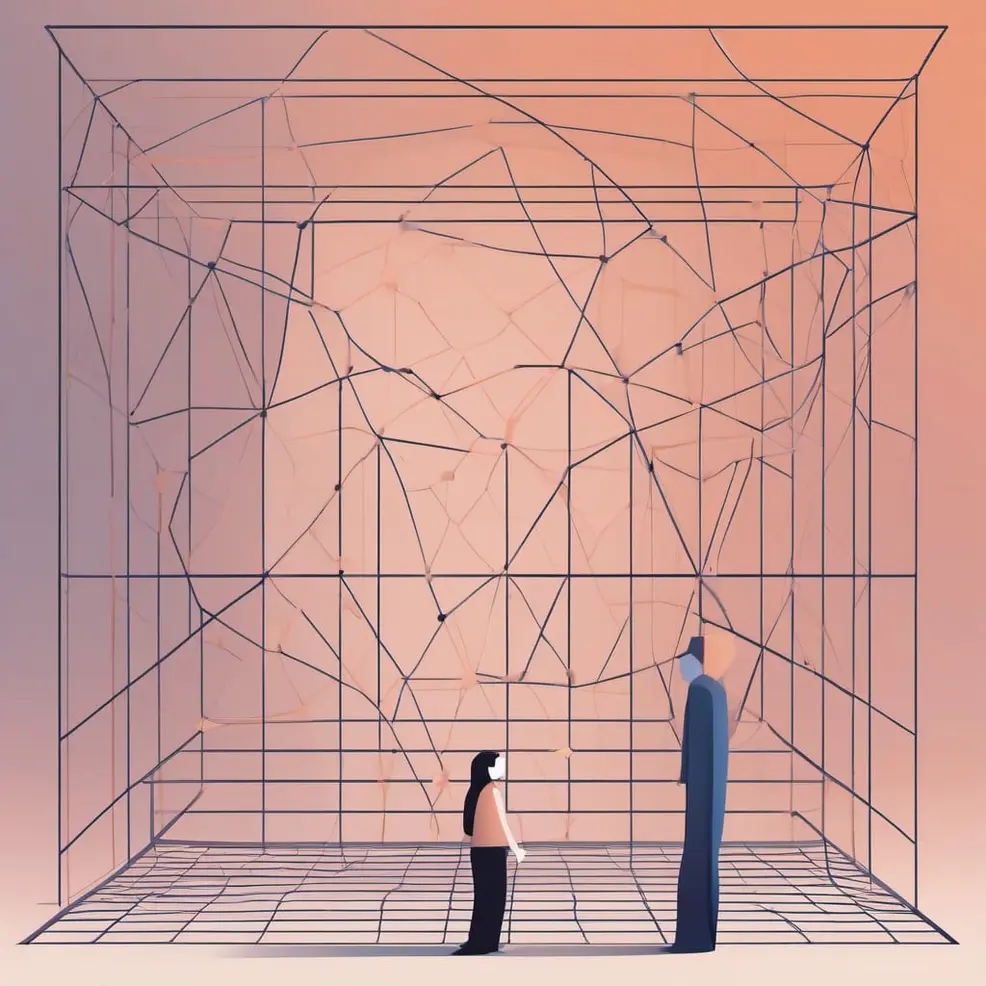 Twee figuren staan voor een groot, geometrisch gebouw in een kamer met een warm oranje achtergrond en een vloer met roosterpatronen
