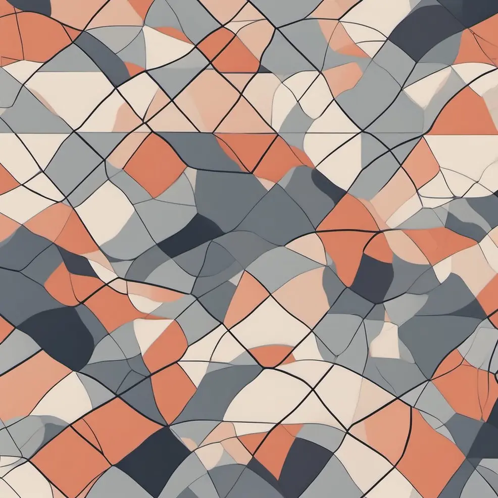 Een vlakke oppervlakte met onregelmatige oranje, grijs en beige velden, gescheiden door dunne zwarte lijnen
