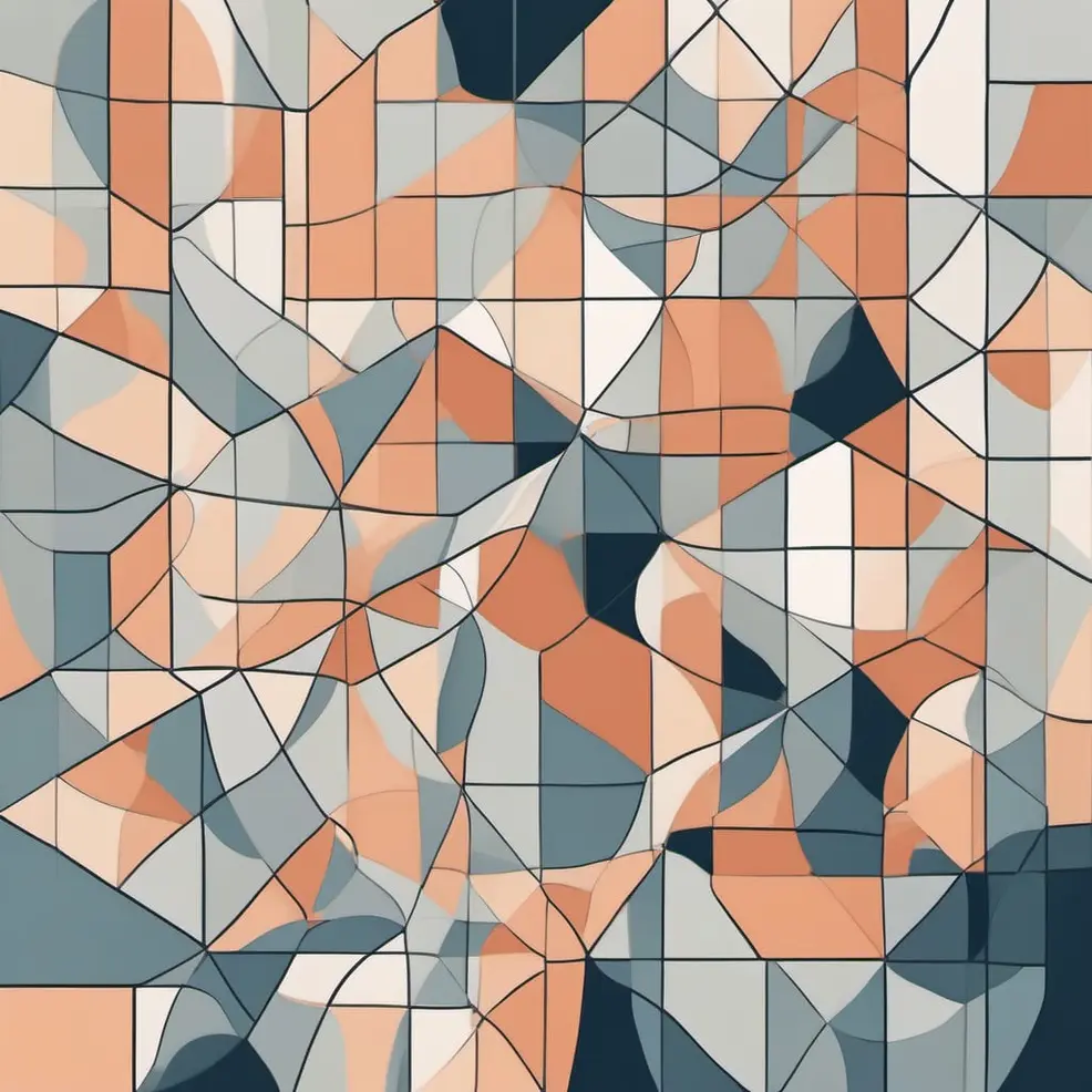Een abstract patroon van onregelmatige oranje, grijs, blauw en witte geometrische vormen gedefinieerd door donkere zwarte lijnen op een lichte achtergrond