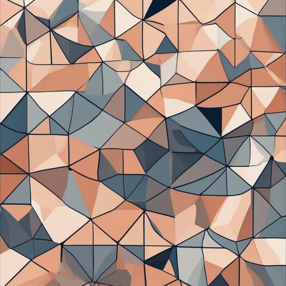 Een geometrisch patroon van met elkaar verbonden driehoeken in tinten rozé, blauw-grijs, wit en donkere lijnen op een lichte achtergrond