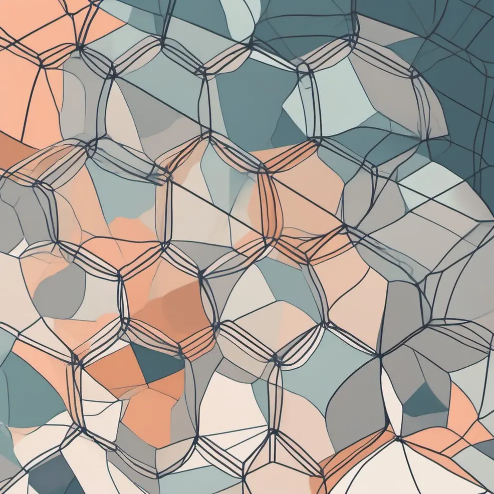 Een geometrisch patroon van met elkaar verbonden zeshoeken in tinten blauw, oranje, grijs en wit met donkere randen